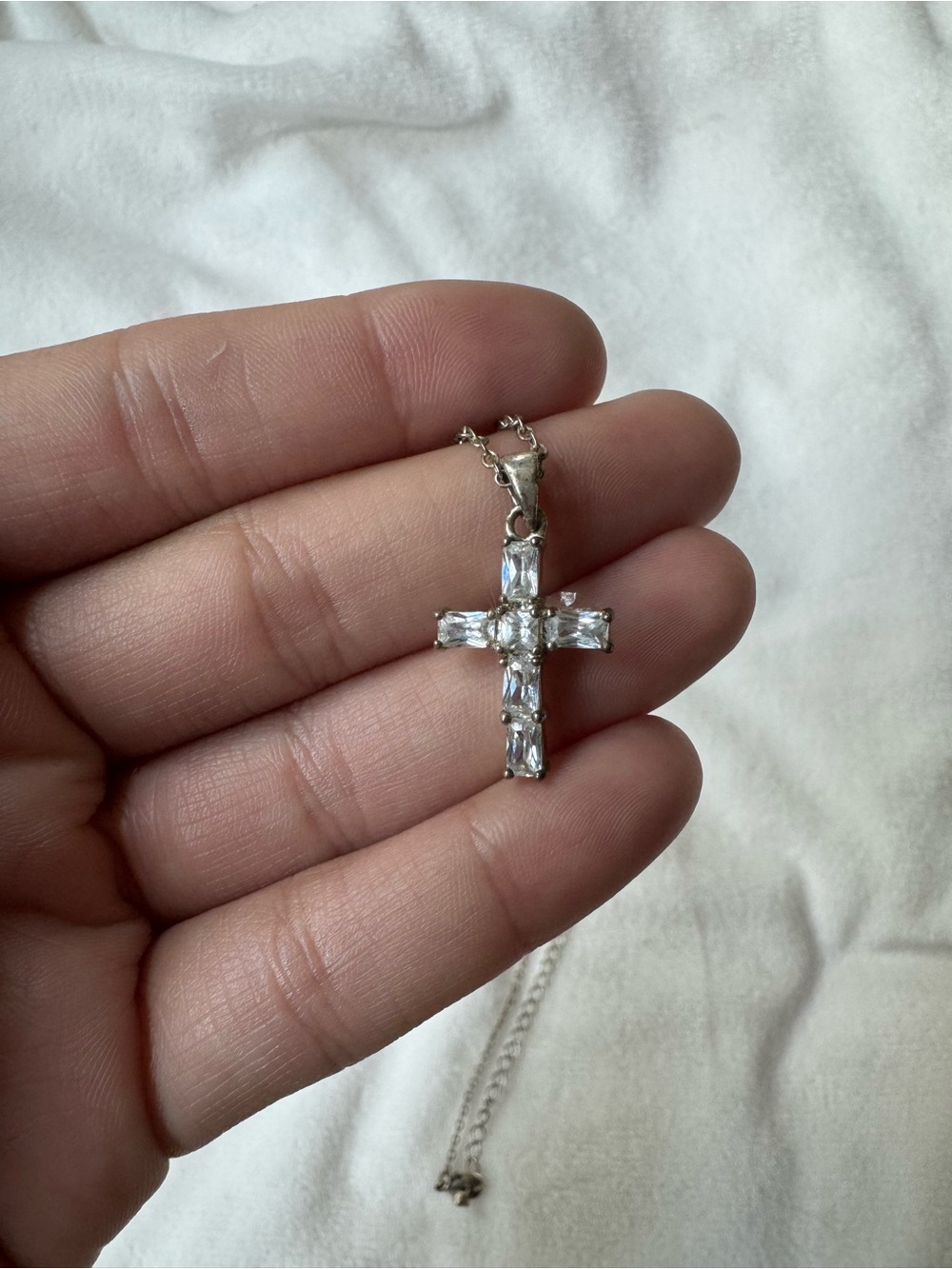 Vintage Silver Cross Pendant Necklace with Clear Stones